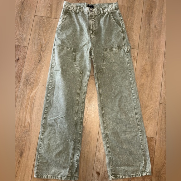 NWOT PrettyLittleThing Olive Green Seam Detail Panel Straight/Wide Leg Jean, 8 - Picture 6 of 10